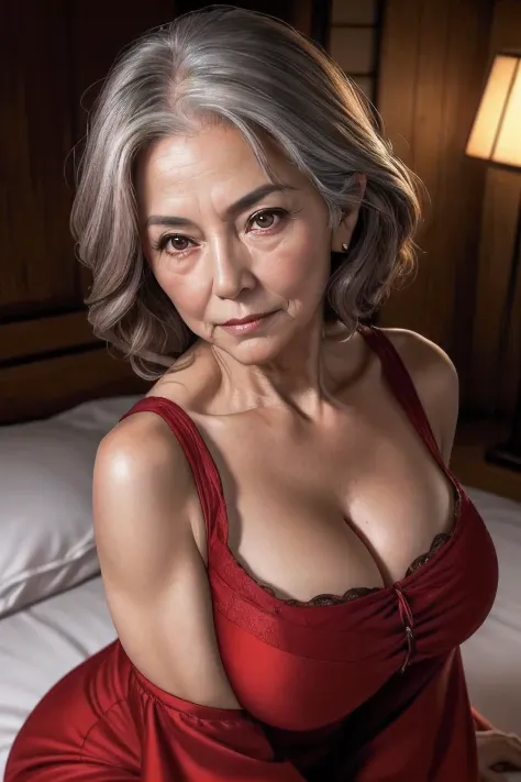 65 years old,(A MILF:1.2), a captivating gaze,long old gray hair,Brown eyes, (A lot of wrinkles on her face:1.4), (There are man...