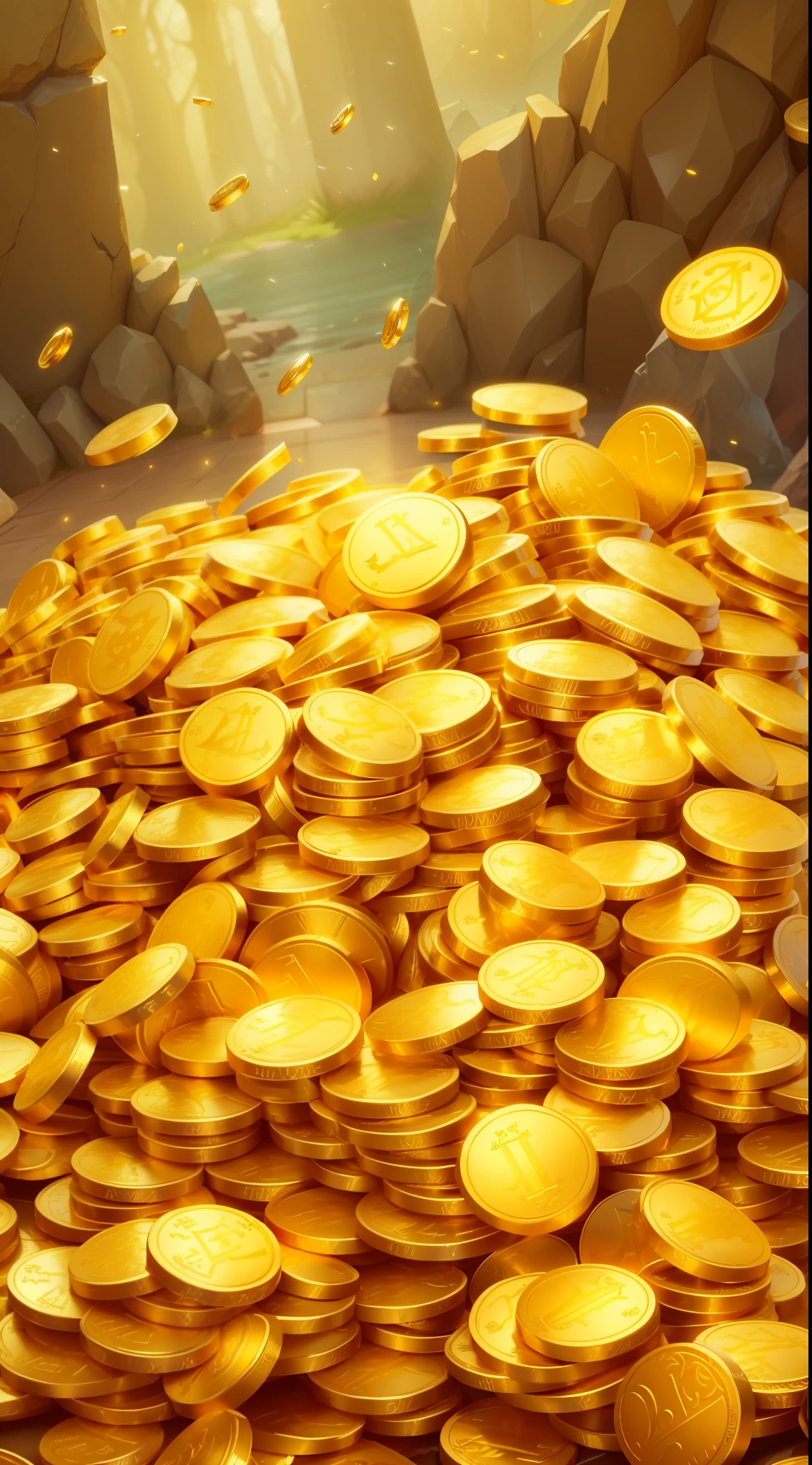 A pile of gold coins in a cave with a river in the background - SeaArt AI