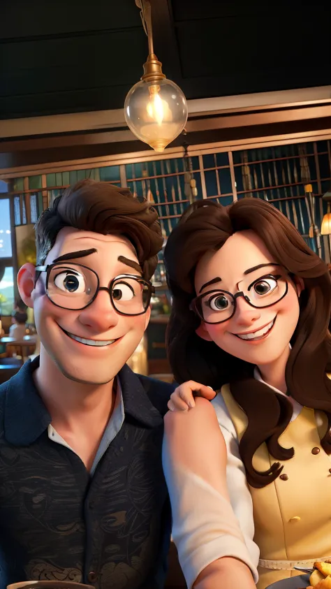 Disney Style Couple With Glasses Smiling In Restaurant.