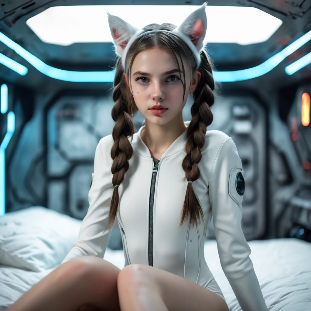 White girl, sitting on a bed, in a cyberpunk steel bunker with hatches etc., in the background. she wearing white cats ears. She has twintail hairstyle. 16 years old girl, slim petite, small girl, beautiful breasts. Masterpiece, 8k, 4k, high resolution, dslr, ultra quality, sharp focus, tack sharp, dof, film grain, Fujifilm XT3, crystal clear, 8K UHD, beautiful eyes with very large Dilated pupils, high detailed skin, skin pores, seductive, look, bewitching lady with beautiful long hair, full lips, long legs, lovely face wearing torn vaultsuit clothes. , realistic colors, realistic, photorealistic