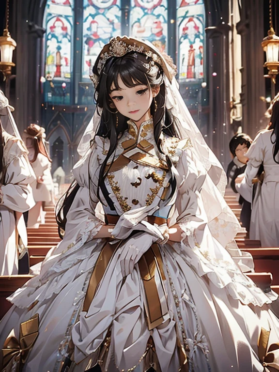 In front of the altar of a majestic church、（blurred background）、brighter light、golden long hair girl、Classic White Wedding Dresses、（elegant luster）、（Lots of races）、lots of ribbons、((voluminous puff sleeves))、long cuffs with many buttons、golden embroidery、long train、white embroidered gloves、five fingers、laughter、Redness of the cheeks、look at camera