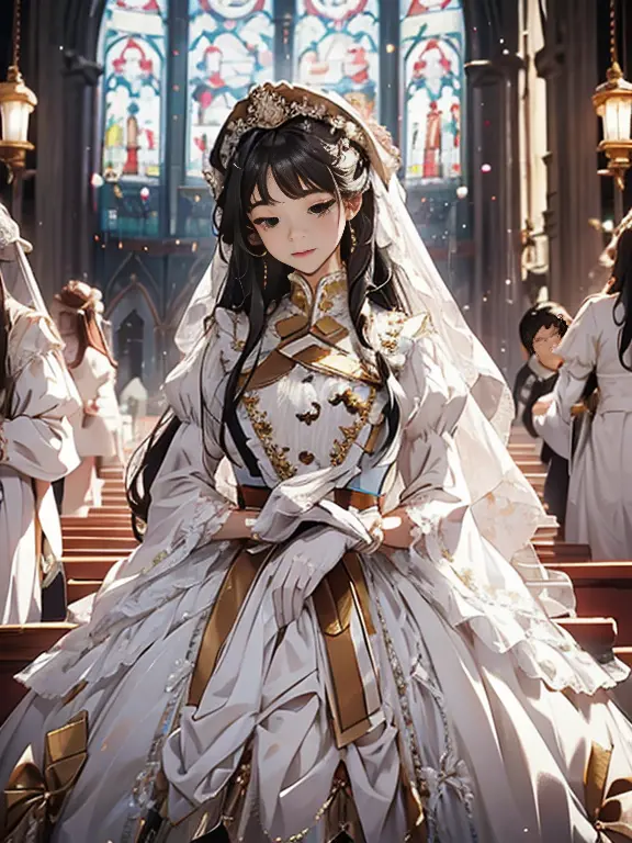 in front of the altar of a majestic church、（blurred background）、brighter light、golden long hair girl、classic white wedding dress...