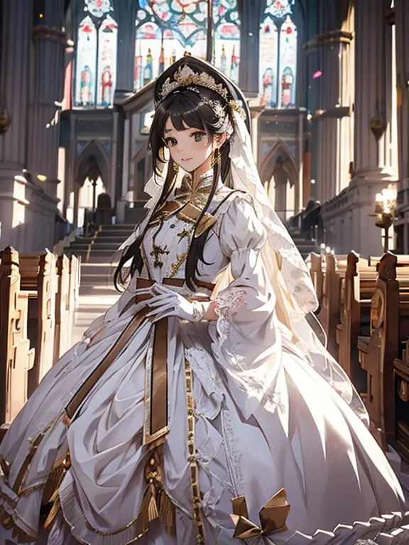 In front of the altar of a majestic church、（blurred background）、brighter light、golden long hair girl、Classic White Wedding Dress...