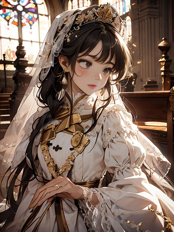 In front of the altar of a majestic church、（photo with blurred background）、brighter light、golden long hair girl、Classic White Wedding Dresses、（elegant luster）、（Lots of races）、lots of ribbons、((voluminous puff sleeves))、long cuffs with many buttons、golden embroidery、long train、white embroidered glove fingers、laughter、Redness of the cheeks