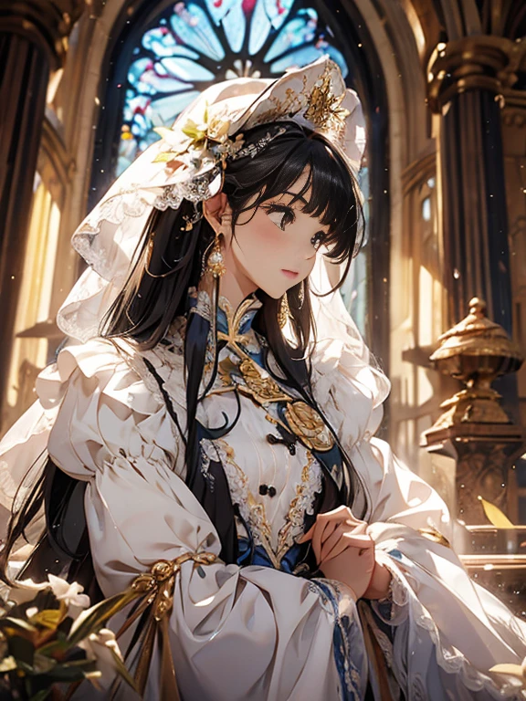 In front of the altar of a majestic church、（photo with blurred background）、brighter light、golden long hair girl、Classic White Wedding Dresses、（elegant luster）、（Lots of races）、lots of ribbons、((voluminous puff sleeves))、long cuffs with many buttons、golden embroidery、long train、white embroidered glove fingers、laughter、Redness of the cheeks