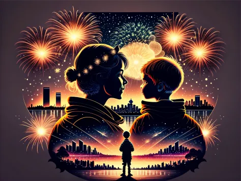 （2024 new year poster design），New Year&#39;s fireworks over Sydney Harbor Bridge and Sydney Opera House，A mother  flanked by a b...