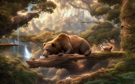 There  a brown bear lying on the tree trunk，There are a few little squirrels nearby，3d rendering and matte painting，Disney Vita ...