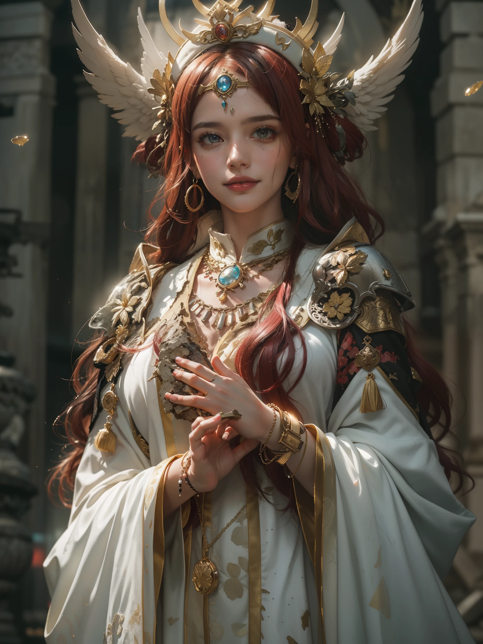 (Numerous award-winning masterpieces, with incredible detail, textures and maximum detail), (hyper realistic:1.4), (realistic:1.3), (upper body up:0.4), (best quality real texture skin), ((medieval world)), finely detailed eyes, finely detailed face, (female clergy in white), (female priestess in white), (female clergy in black), (female priestess in black), Gentle eyes, (She has a mischievous smile on her face:1.4), Friendly and girlish face, (Some angels soaring overhead), Glass earrings on the ears, (dramatic photo:1.6), Shining majestic cloud masses and sky, (Mysterious light), (halo optical phenomenon:1.5), (Sacred Light), twilight, sunset, dusk, (Dramatic Light), (A majestic sight), (Her expression  serene full of tenderness and very beautiful), (Noble posture), (red hair, chestnut hair), ((Full-length portrait)), ((looks up)), ((looking down)), (full-body standing image:1.5), (Around her neck  a  and sacred necklace of exquisite workmanship), large temple edifice, Old ruins infested with plants, great temple, great cathedral, great shrine, temple ruins, detached temple, (Luminous magic circle), Ruins of an ancient castle, Deserted ruins, crumbling ruins, Ancient ruins with clear water, epic realistic, faded, art, (Greg rutkowski:0.8), (teal and orange:0.4), (art station:1.5), cinematic, ((neutral colors)), (hdr:1.5), (muted colors:1.2), hyper detailed, dramatic light, (intricate details:1.1), complex background,