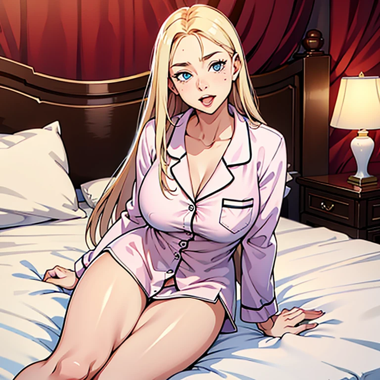 best picture quality，Empty expression，Positive face，Delicate facial features，long hair，Open your mouth slightly，Stick out your tongue and drool，Big breasts，Sitting on the bed，pajamas，Good looking body，big white legs