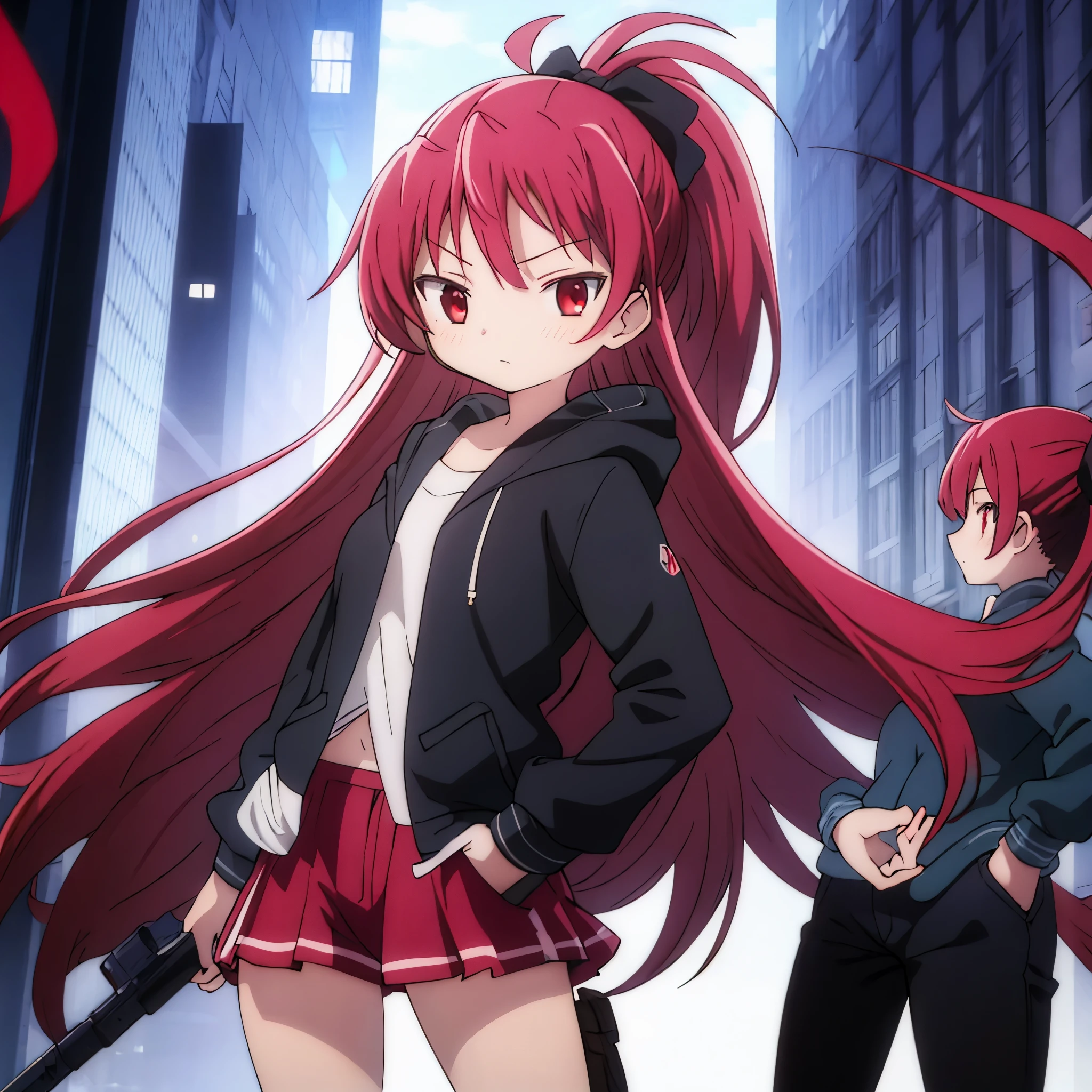 red_hair, long_hair, ponytail, red_eyes, hair_bow, bow, ,4k absurdres, masterpiece, cowboy shot, black hoodie,hands in pocket,1girl,solo, city background