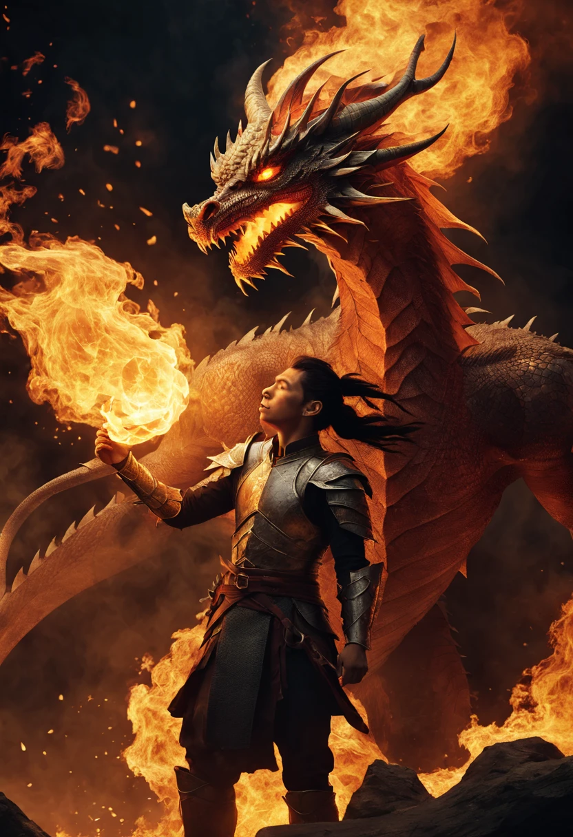 ((Unparalleled)), ((Meticulous)), ((4K)), ((Striking)), ((Enchantinind-blowing)), Dragon Rider, Fire, Scales, raw photo, dramatic lighting, Striking illumination, Intense lighting,