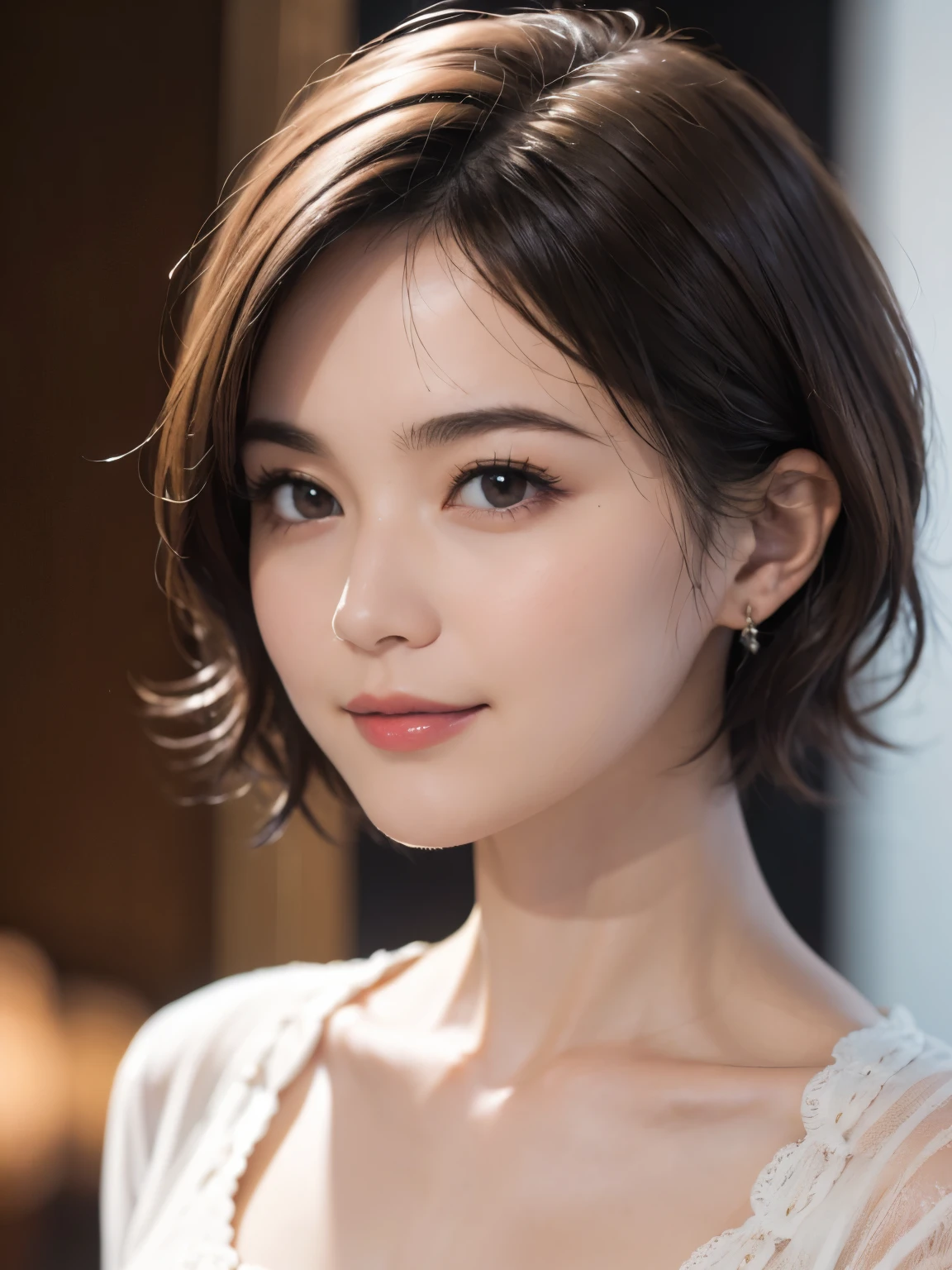 143
(20 year old woman), (surreal), (High level image quality), ((beautiful hairstyle 46)), ((short hair:1.46)), (gentle smile), (breasted:1.1), (lipstick)