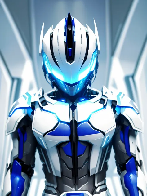 realistic,Close-up of a robot with a futuristic look,special effects,Symmetrical design,super high quality,Depicted in every detail, in white futuristic armor, 流線型のwhite armor, 洗練されたwhite armor, futuristic clothes and helmet,mecha suit, sleek 流線型のwhite arm...
