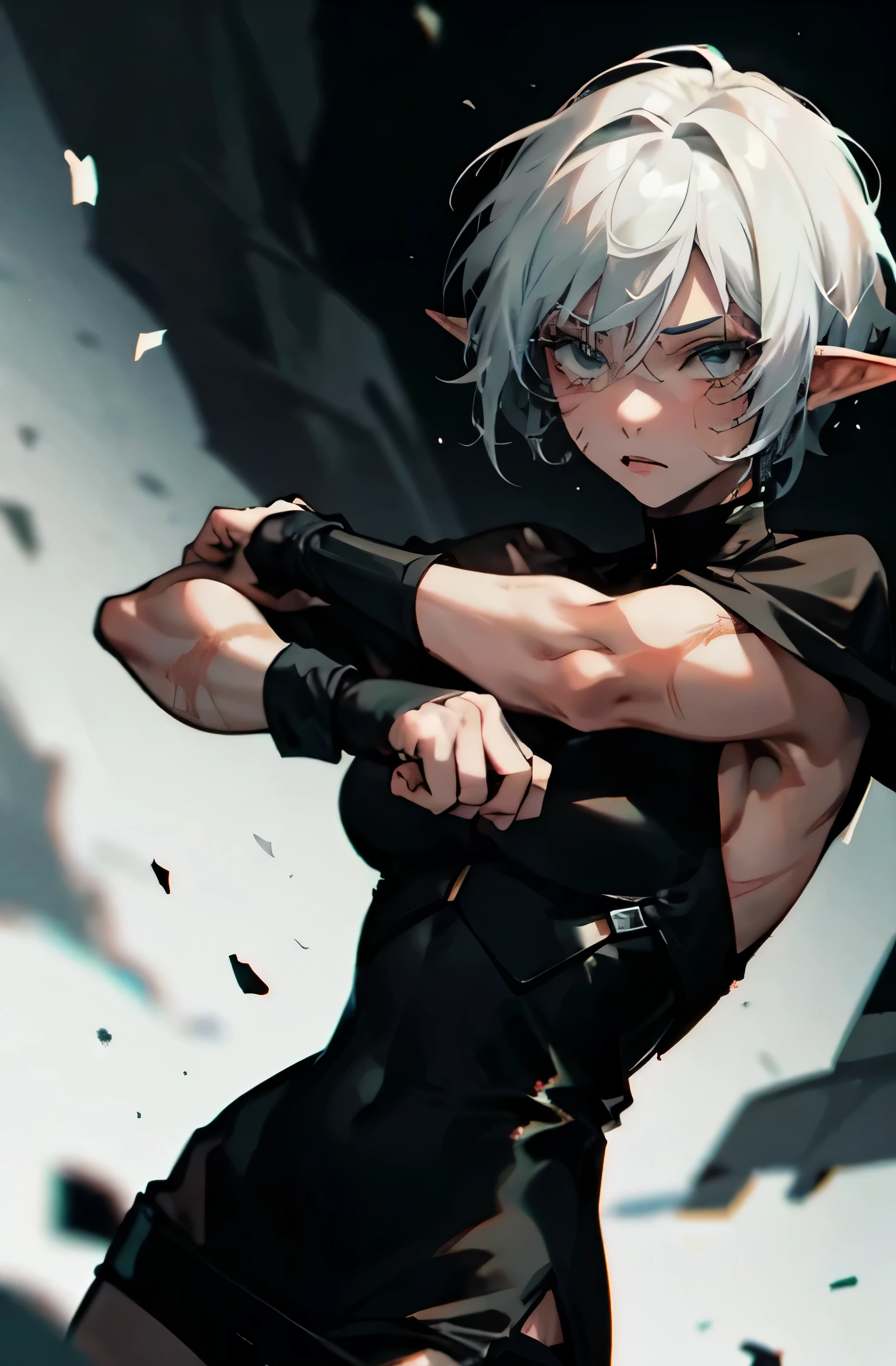 white hair, one black lock of hair, singular black lock of hair, short hair, elf woman, anime woman, master piece, pugilist, scar skin