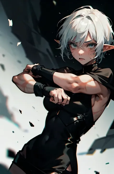 white hair, one black lock of hair, singular black lock of hair, short hair, elf woman, anime woman, master piece, pugilist, sca...