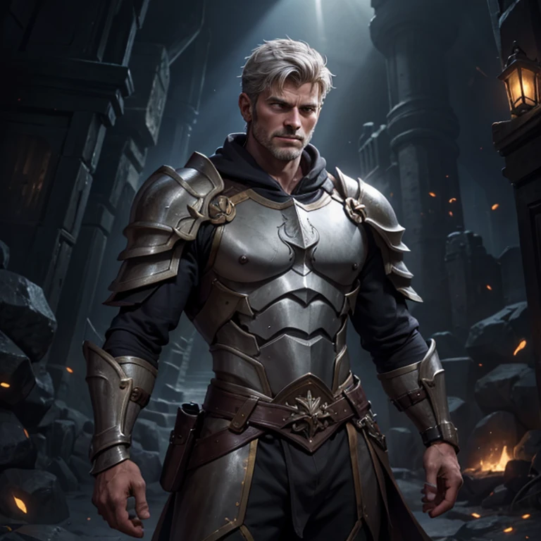 A very detailed fantasy illustration a stoic handsome male paladin in his 50's. He is incredibly muscular. He has short grey hair. He has a scars on his face. He is surrounded by darkness. But, a beam of light shines on him.