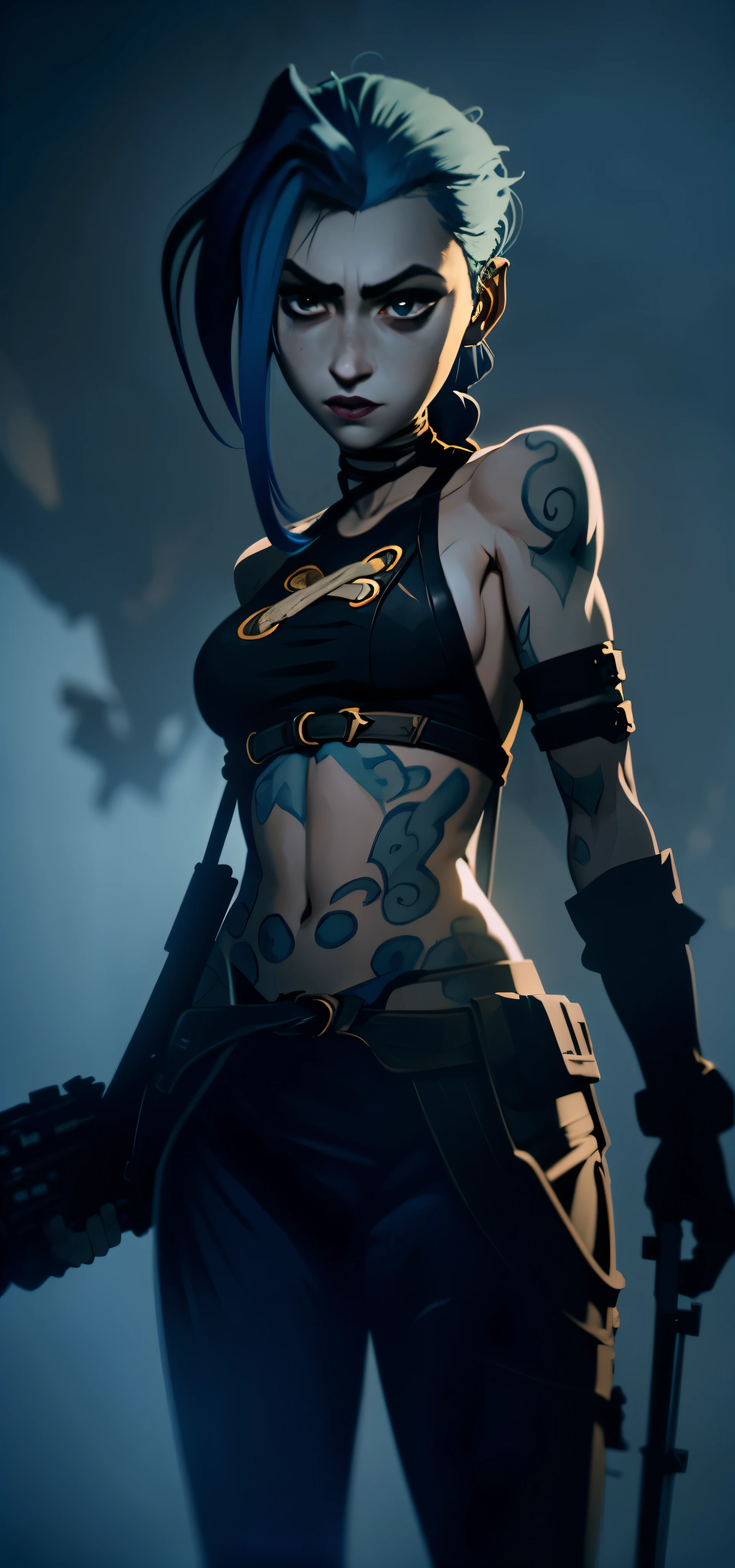 jinx pointing her gun into the camera, blue cloud tattoo, (masterpiece, best quality), side lightning, beautiful detailed eyes, angry face) insanity , madness smile, (best quality), (masterpiece), magical photography, dramatic lighting, photo realism, ultra-detailed, intimate portrait composition, Leica 50mm, f1. 4,8k uhd, dslr, aesthetic, k, high definition, 8k, best illumination, best shadow, ultra-HD, highres, sharp focus, complicated background, cinematic lighting, ((landscape view)), 4k unity, (best illumination), ((cinematic lighting)),