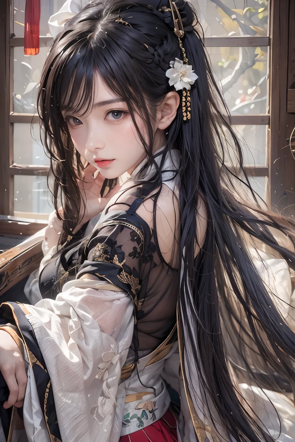 lifelike, high resolution, 1 female, alone, Hips raised, look at the audience, (Detailed face), long black hair, Hanfu，academy，Slender thighlack stockings 