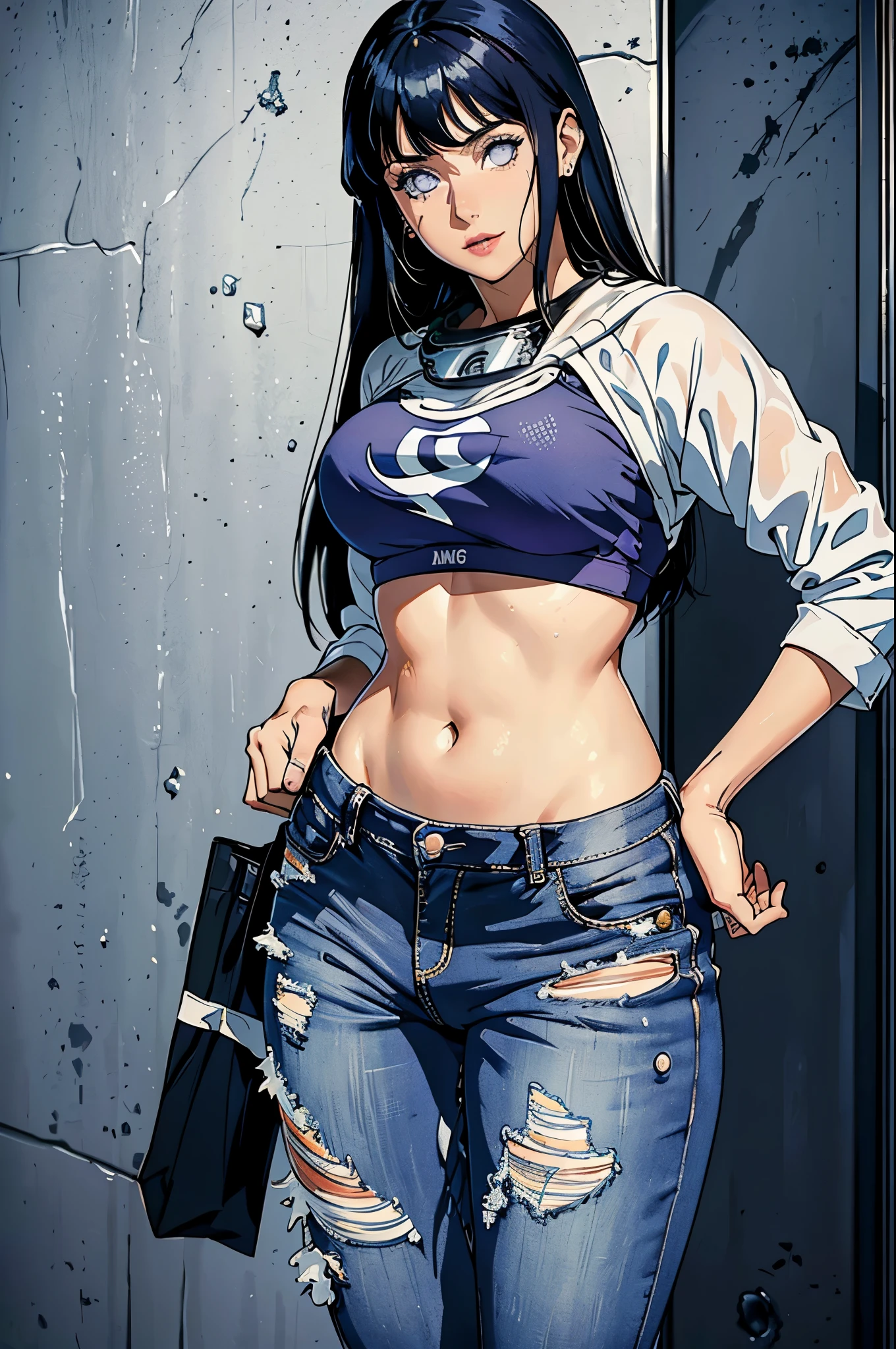 (hyuga Hinata, lots , with funk girl clothes, Brazilian, Rio de Janeiro, dancing funk, rolling, big-ass, legs thick, wearing extremely short denim shorts, wearing a mini blouse, umbigo com pirsing, sneakers Nike, big hair, Speaker behind, lots realista, extremely sexy, 8k, extremely detailed 8K), (an extremely delicate and beautiful), (Masterpiece artwork), (best qualityer: 1.0), (ultra highres:1.0)