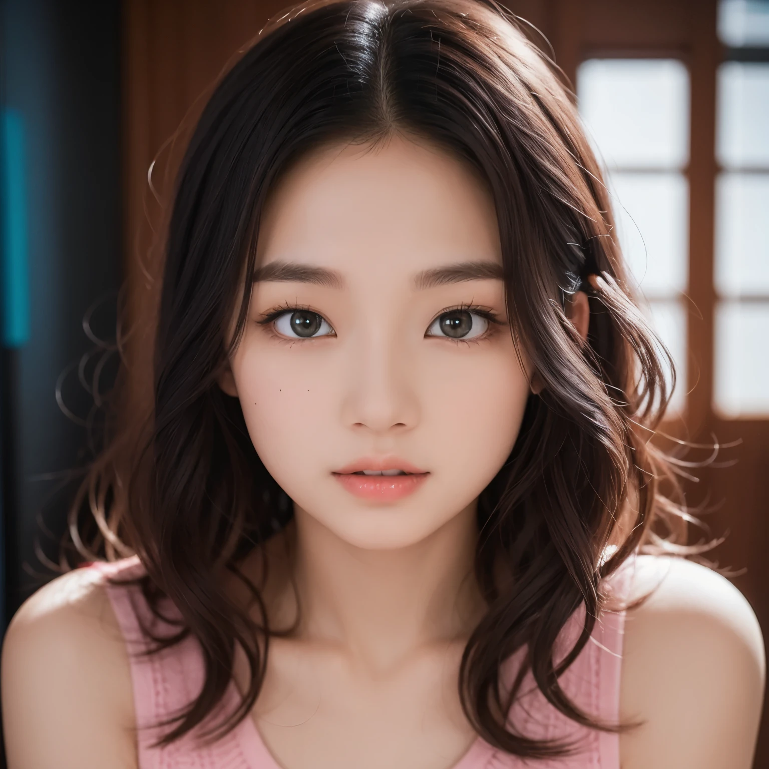 1 Chinese girl, Video game players, Wearing a translucent short T-shirt, black hair, ((blush: 0.8)), natural skin texture, 4k texture, Very detailed, Crazy details, faint colors , ((Long curly hair)), ((A smile on your face: 0.4)), (No: 0.2), ((looking directly at camera)), ((Tilted head: 0.8 )), ((Small:1)).  