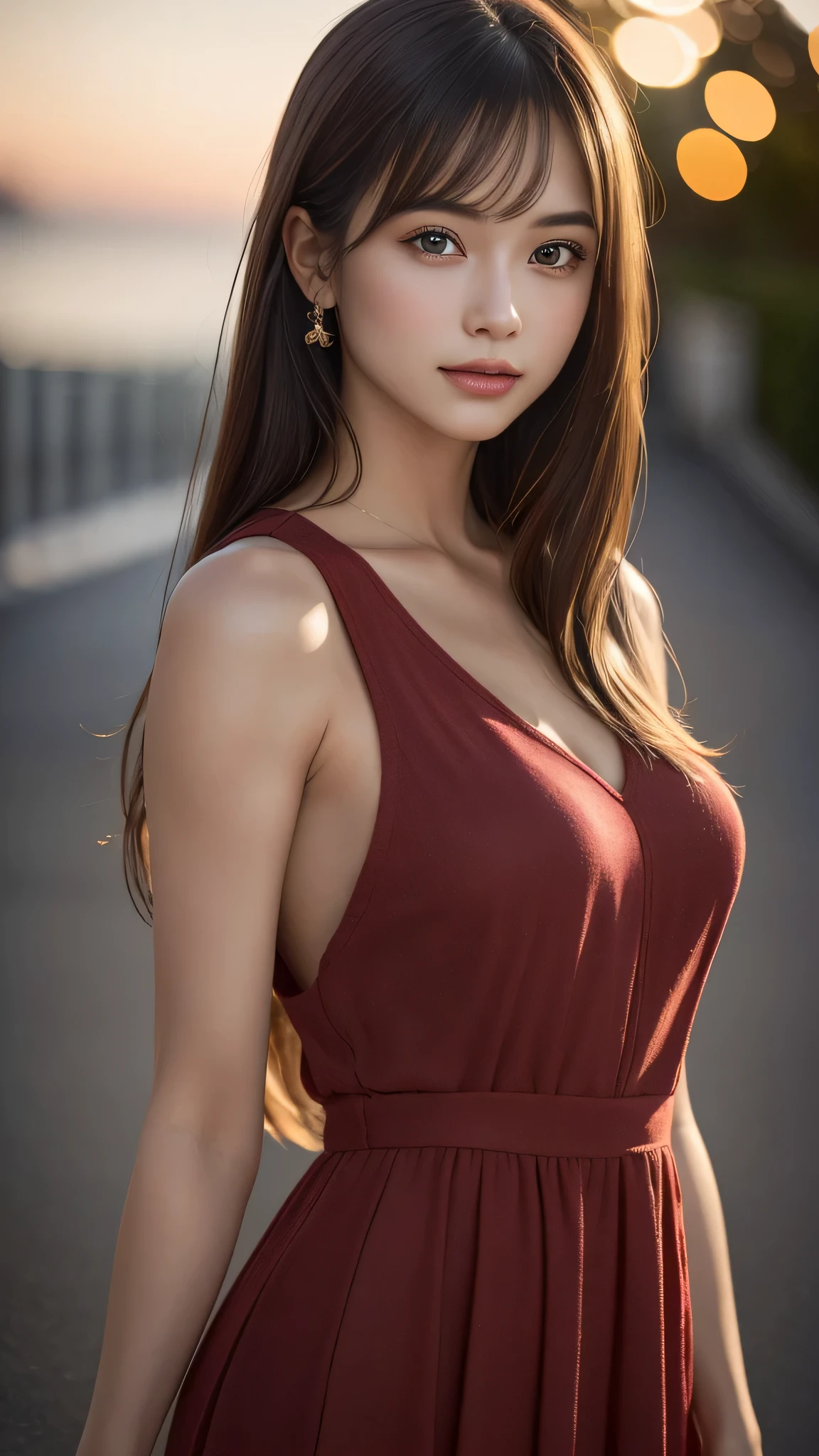 (high resolution, 4k, 8k, ultra-detailed:1.2), (hyper-realistic, photorealistic:1.37), (illustrated), (detailed lighting), (extremely delicate and beautiful), 1 young girl, brown hair, brown eyes, model, bare shoulders and chest, (best quality), ultra-detailed CG wallpaper in 8k, vibrant color, professional-grade, ((bokeh effect))), depth of field, twilight, sinking sunset.