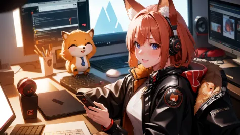 a q-version of a cute red fox wearing a microphone and headphones sitting in front of the computer in the office. high-definitio...