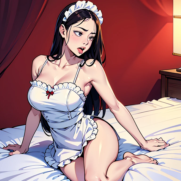 best picture quality，daytime，bed，Empty expression，Positive face，Delicate facial features，long hair，Open your mouth slightly，Stick out your tongue and drool，Big breasted坐着，maid outfit bare shoulders，Good looking body，big white legs