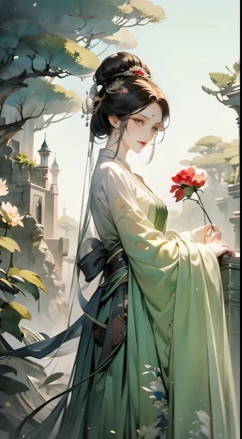 Wear traditional clothing、Antique hair accessorieeder woman with a flower in her hair， Guviz style artwork， guweiz， （（Exquisite ...