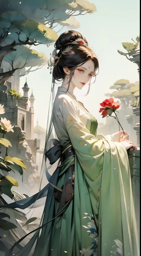 wear traditional clothing、antique hair accessorieeder woman with a flower in her hair， guviz style artwork， guweiz， （（exquisite ...