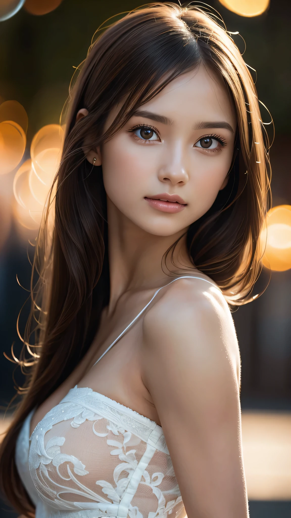 (high resolution, 4k, 8k, ultra-detailed:1.2), (hyper-realistic, photorealistic:1.37), (illustrated), (detailed lighting), (extremely delicate and beautiful), 1 young girl, brown hair, brown eyes, model, bare shoulders and chest, (best quality), ultra-detailed CG wallpaper in 8k, vibrant color, professional-grade, ((bokeh effect))), depth of field, twilight, sinking sunset.