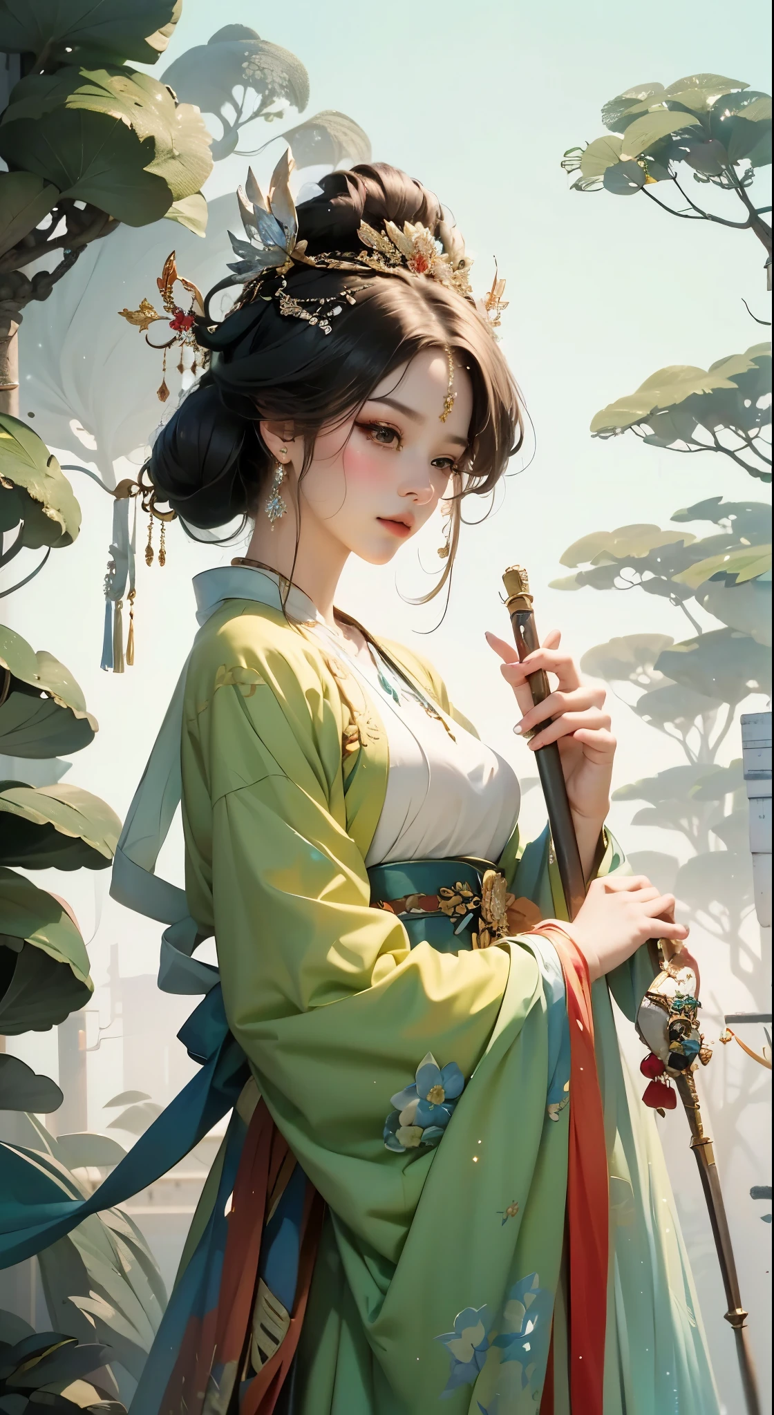 Close-up of a woman wearing a floral headdress and holding a magic wand，（（a beautiful fantasy queen）），a beautiful fantasy queen，palace，A girl in Hanfu，beautiful figure painting，ancient chinese princess，Inspired by Qiu Ying，ancient chinese art style，Inspired by Ma Yuanyu，Hungry Ghost Festival，chinese princess
