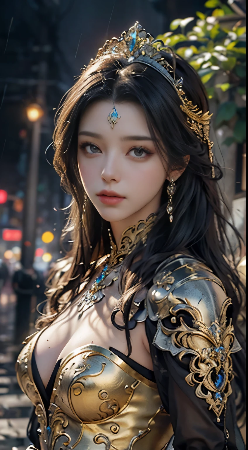 a woman in a black dress, realistic Art Station, hard raining scene, Detailed Fantasy Art, Stunning Character Art, beautiful Exquisite Character Art, Beautiful silver Armor, Extremely Detailed, gold armor Girl, Exquisite Intricate Headdress and Jewelry, whole body capture