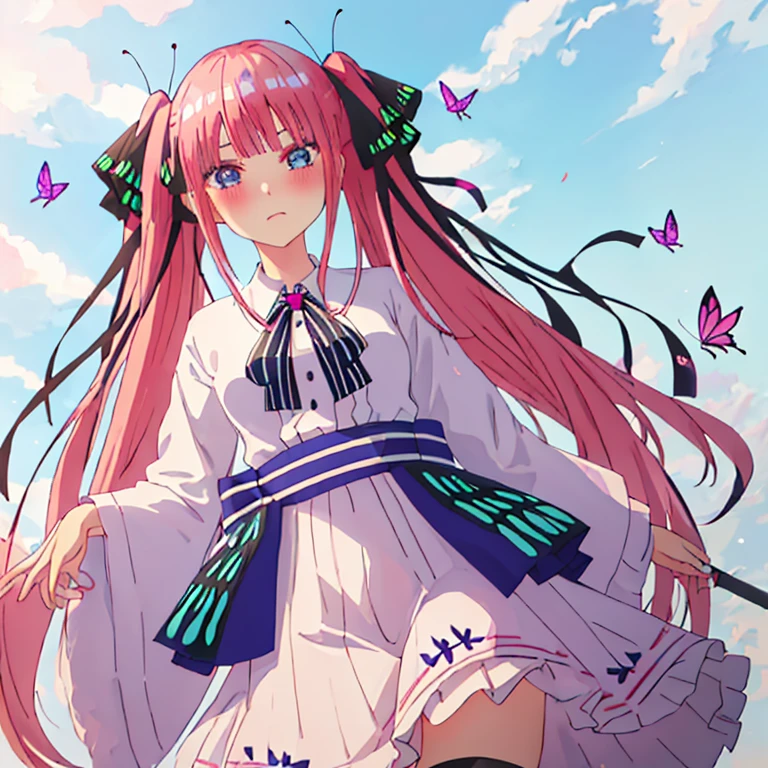 best quality, masterpiece, highres, solo, {nakano_nino_gotoubunnohanayome:1.15}, bangs, pink_hair, blunt_bangs, hair_ornament, butterfly_hair_ornament, ribbon, black_ribbon, blue_eyes, blush, hair_ribbon, twintails, long_hair, 1girl, shirt, white_shirt, looking_at_viewer