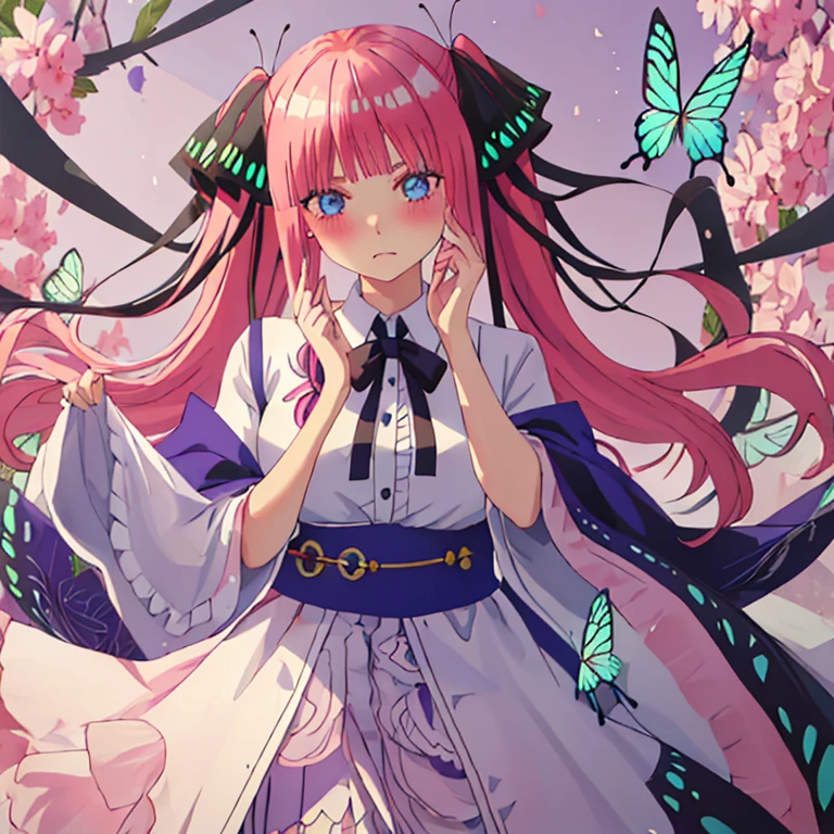 best quality, masterpiece, highres, solo, {nakano_nino_gotoubunnohanayome:1.15}, bangs, pink_hair, blunt_bangs, hair_ornament, butterfly_hair_ornament, ribbon, black_ribbon, blue_eyes, blush, hair_ribbon, twintails, long_hair, 1girl, shirt, white_shirt, looking_at_viewer