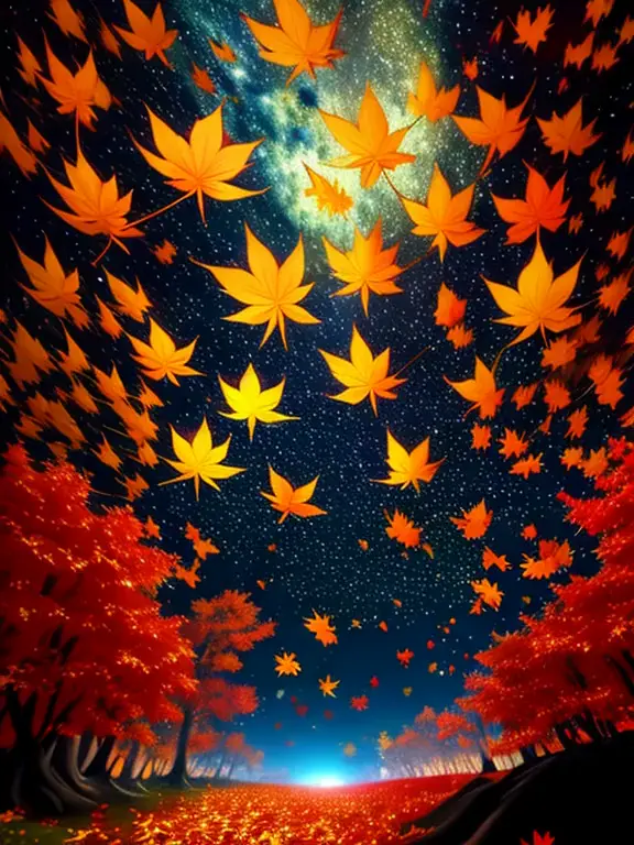 maple glowing leaves fall from the trees and the wind blows them away, the colors of the shining nebula, vfx film, marvel art, h...