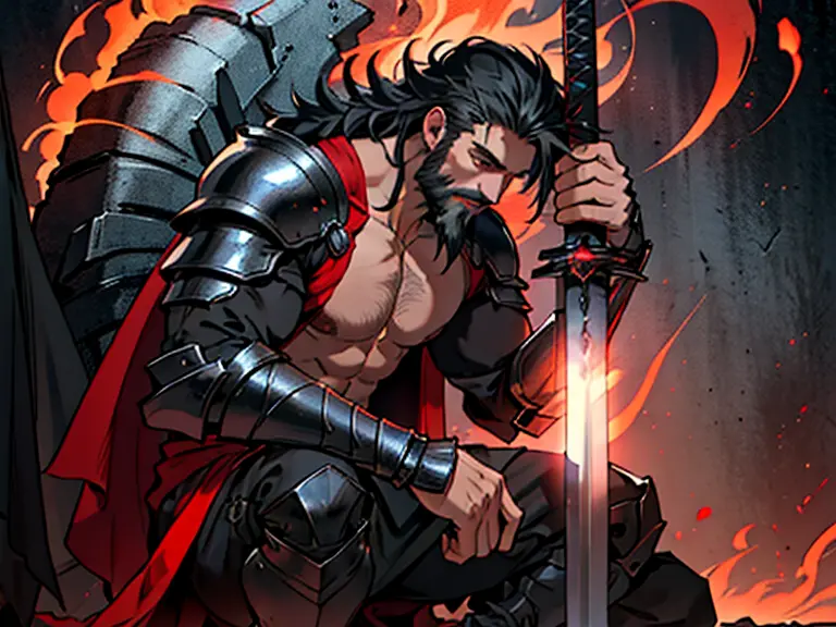 A man, a beard, long black hair, black arm armor, bare chest, leg armor, an old cloth covering his waist up to his knees, a red ...