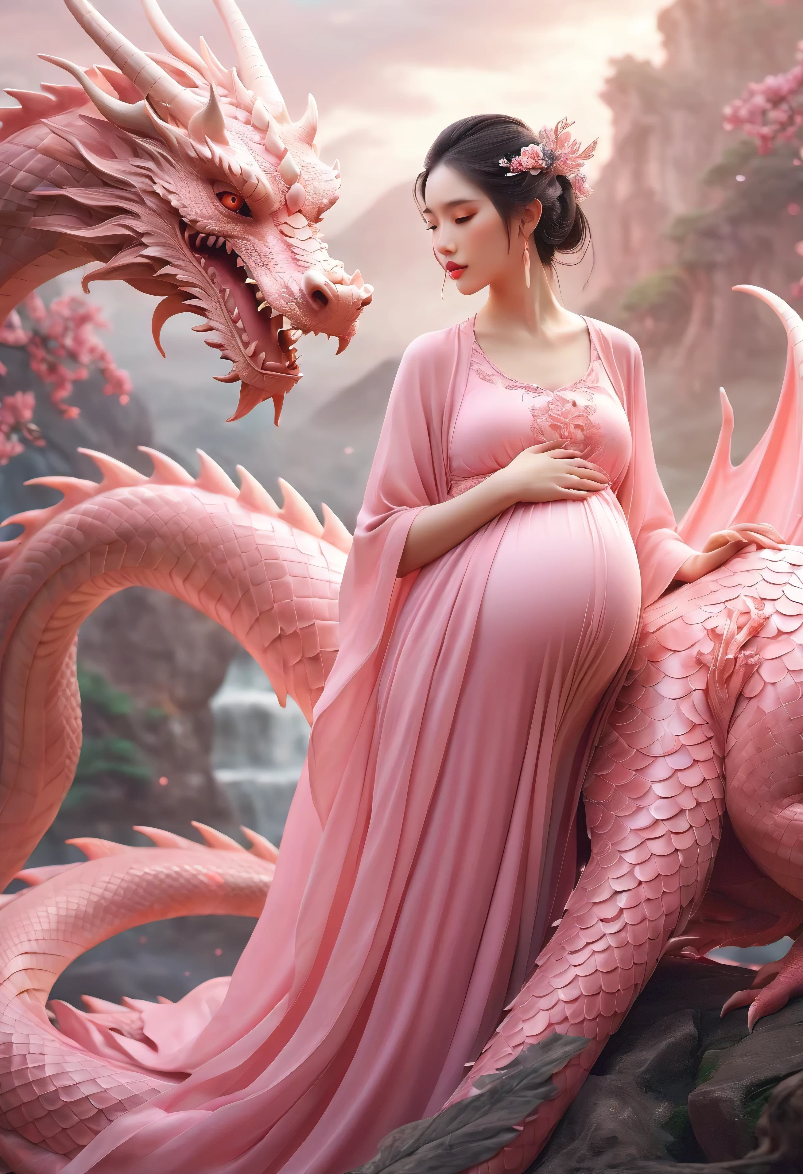a pregnant woman woman in a pink dress with a dragon on her back, xianxia fantasy, chinese fantasy, beautiful fantasy art, dragon girl, very beautiful fantasy art, amazing fantasy art, beautiful fantasy, fantasy beautiful, digital fantasy art ), human and dragon fusion, breathtaking fantasy art, fantasy art, fantasy art style, soft delicate draconic features