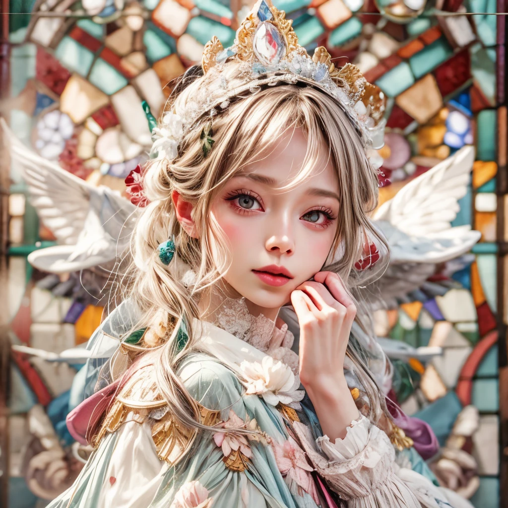 Tiny junior idol in WHITE and Delicate lace clothes, Glossy RED lips and tongue, (Exposed:0.9), (nipple:-0.9), { very Cute tongue closeup | Dynamic-angle }, ((Dazzling stained glass Background)), (( colorful Light shines through stunning elaborate stained glass:1.2)), vivid Red colors . ((Acutance:0.8, physically-based rendering)), (masterpiece:1.2), (ultra-detailed:1.35), (realistic, photorealistic, ((photo-realistic:1.37))with touch of rawness) . ((Renbutsu Misako)), (Extremely detailed KAWAII face variations, expression variations),  detailed eyes with sparkling highlights, captivating gaze, long eyelashes, subtle blush on the face, rosy cheeks, impeccable skin texture . { full of flowers covering girl's body | Mystic sight | haze | Light Particle | Lens Particle | Lens Flare | Dazzling Halo } . (((large eyes:-0.9, not Detailed fingers:-0.9))) .