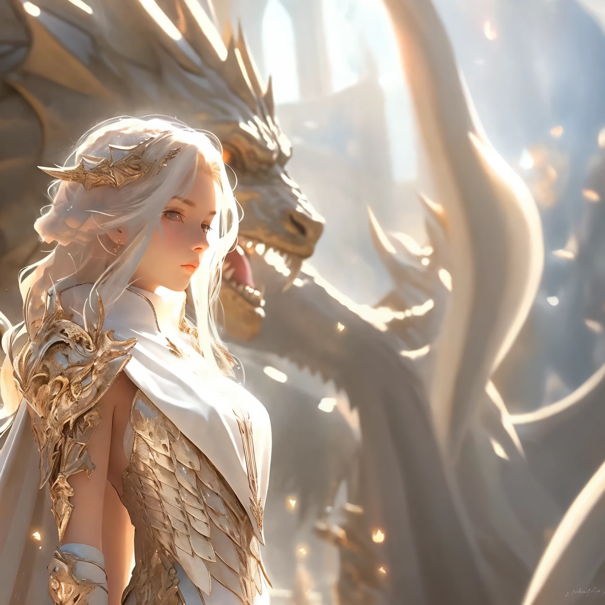 Close-up of a woman in a white dress and a dragon, ross tran and wop, detailed fantasy art, 2. 5D CGI Anime Fantasy Artwork, 4k fantasy art, fantasy art style, fantasy art behavior, Elegant cinematic fantasy art, Wop and Rose Tran, deviantart and cgsociety, stunning cg, author：Yang Jie