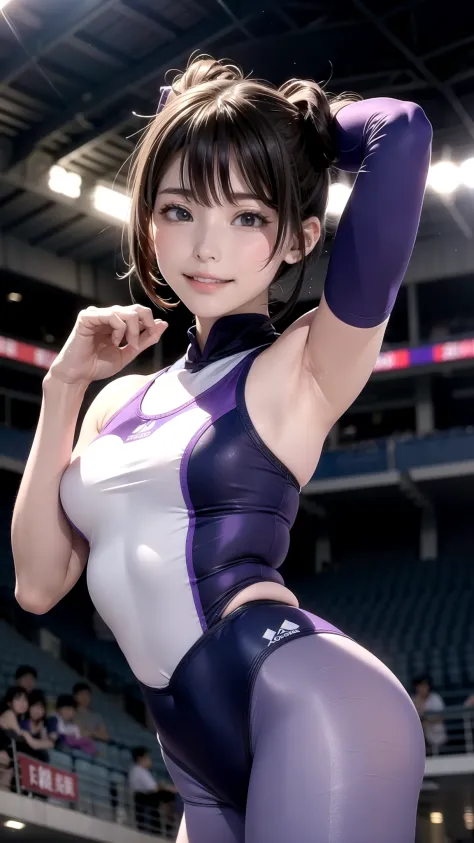 realistically、一名23岁of女孩、gymnast、increase、Wear purple tights、A smile appeared on his face、sports venue、of？
