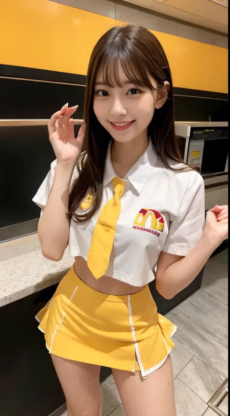 masterpiece, best quality, ultra high res,  smile, A smiling woman in a McDonald's miniskirt uniform at McDonald's, 