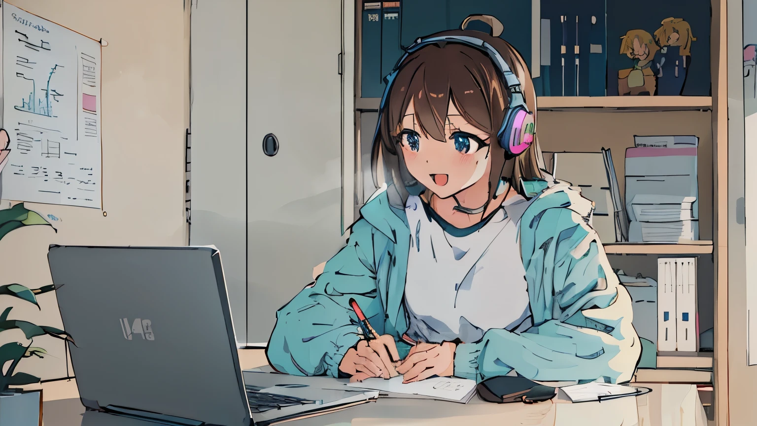 anime girl sitting at a desk with a laptop and headphones, anime moe artstyle, digital anime illustration, anime style 4 k, ig studios anime style, high quality anime artstyle, lofi portrait, lofi girl, anime artstyle, in an anime style, trying to study, lofi artstyle, anime style. 8k, in anime style, anime vibes