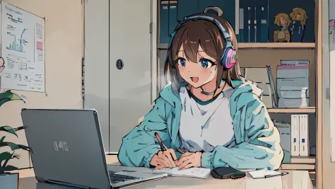 anime girl sitting at a desk with a laptop and headphones, anime moe artstyle, digital anime illustration, anime style 4 k, ig s...