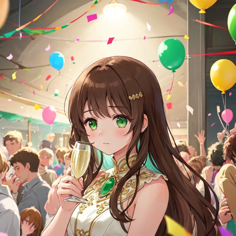 1girl, solo, super fine illustration, an extremely delicate and beautiful, best quality, 20s, brunette, long hair, green eyes, looking down, unhappy,  champagne glass, party venue, indoor, crowded, noisy, colorful, balloons, confetti, portrait.