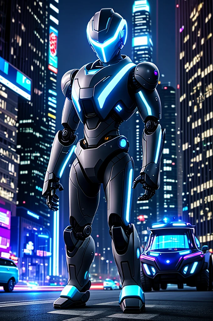 A robot with a silver exterior and blue highlights is standing in the center of a city street. The design of the robot appears advanced and humanoid, with a helmet that illuminates its eyes in blue, and hands that are detailed with five fingers. The urban backdrop features a mix of blue and purple neon lights, with two cars parked along the sides of the street. The setting gives off a futuristic and technological vibe, and there's evidence of it being later in the day, though the exact time is not confirmed. Buildings can be seen in the background, contributing to the urban context.