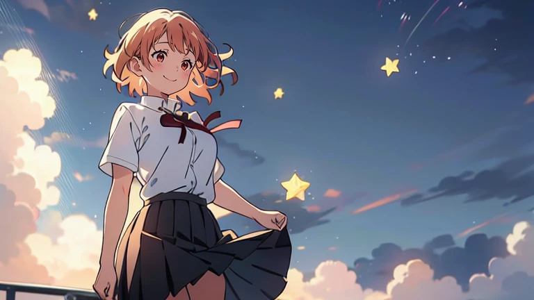 front、breast enhancement、highest quality, masterpiece, High resolution, 1 girl, Yuigahama Yui, school uniform, pleated skirt, short hair, red ribbon, white shirt, black jacket, big boobs, Are standing, smile, academic background、pick up stars、The wind is blowing