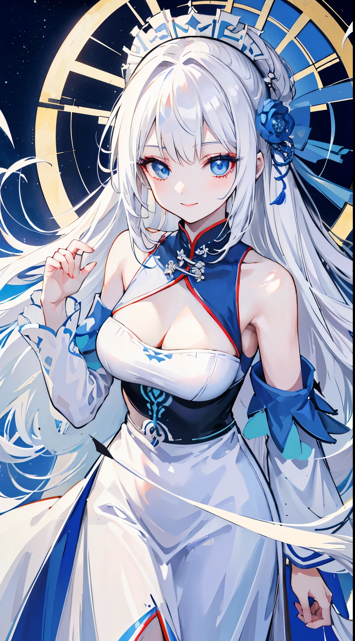 grande fille, longs cheveux blancs, yeux bleus, robe chinoise blanche, insert bleu, Ouvre les épaules, rouge à lèvres, sourire, chef-d&#39;œuvre, Haute qualité, Détails élevés, HD, 4k