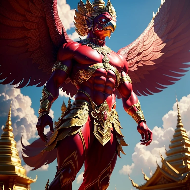 (Garuda 1, Garuda male human form) Red eyes, red body with muscles. Best anatomy: Red Garuda, Red Feathered Garuda, Big Red Winged Garuda. perfect wingspan Wear jewelry made from gold with Thai patterns. Gold jewelry decorated with diamonds on Garuda's head Wearing Thai cloth pants, Thai silk, red Thai pattern. Hands on hands and legs look like perfect birds. Hands, legs, feet are perfect. Stand on the ground, look straight, stand fully. The skin is the most detailed. The skin is red. The red feathers are the most detailed. Red eyes, best detail The best anatomical details, details, cloth, accessories, Thai warrior armor. Best Metal Details Best Weapons Best Weapon Details (Special details Masterpiece quality Realistic Photos(Ultimate Realistic Photos 8k,16k,32k) Maximum realism and best lighting details. Best light quality, best shadows World class photography studio (Best close-up view)(The backdrop of the Thai temple castle is extinguished with gold, silver, emeralds, diamonds, perfect. The background is sky, clouds, fog. It feels natural and realistic))