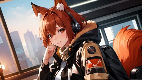 A cute red fox character with a Q version  sitting in front of a computer in an office, wearing headphones with a microphone. Th...