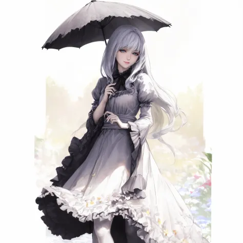 "(best quality, realistic, highres, ultra-detailed), a girl holding an umbrella, holding a folding fan, with a deep and affectionate gaze, smiling. The girl has beautiful detailed eyes, detailed lips, and long eyelashes. She  standing in a garden with vibr...